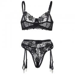 Subblime - set de 3 piezas sujetador + tanga + liga estampado floral negro s/m
