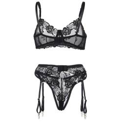 Subblime - set de 3 piezas sujetador + tanga + liga estampado floral negro - 7