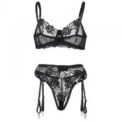 Subblime - set de 3 piezas sujetador + tanga + liga estampado floral negro s/m