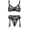 Subblime - set de 3 piezas sujetador + tanga + liga estampado floral negro - 7