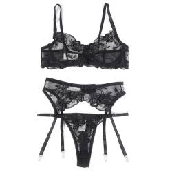Subblime - set de 3 piezas sujetador + tanga + liga estampado floral negro - - 13