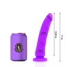 Medidas del dildo Delta Club de 17 cm lila, junto a una lata