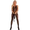 Bodystocking de encaje Livco Corsetti Imelam abierto, modelo de frente con guantes negros