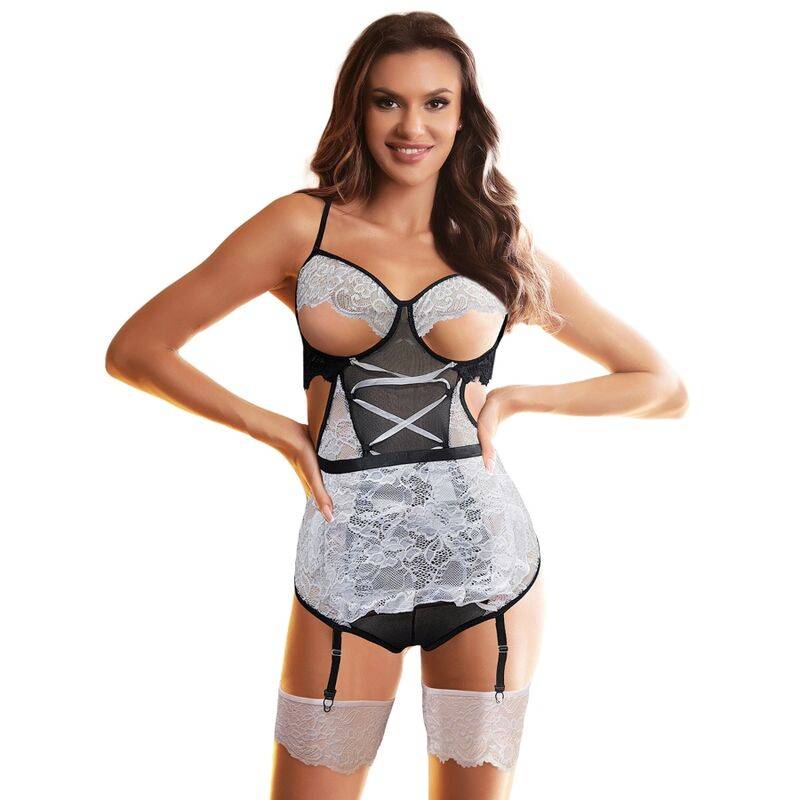 Disfraz de sirvienta body negro y blanco Subblime, de frente