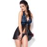 Babydoll Chilirose CR 3859 de tul negro y encaje azul abierto por delante