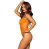 Leg Avenue body halter con abertura y rejilla, en naranja, en tres cuartos