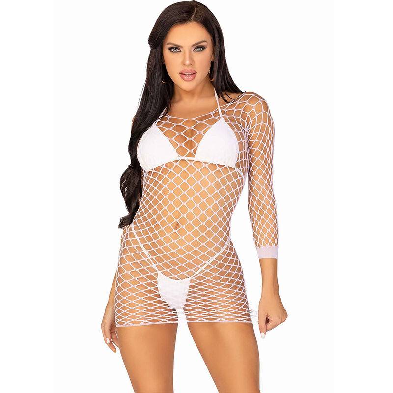 Leg Avenue minivestido de rejilla de manga larga, en blanco, de frente