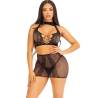 Leg Avenue Lost in Love, top y falda de encaje, en negro, de frente