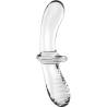 Satisfyer Double Crystal transparente, de lado con el extremo acanalado