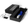 LELO Loki azul en su caja con cable de carga y bolsa