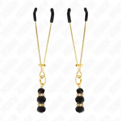 Kink - pinzas para pezones dorada fina con triple bola de vidrio negro 7 cm