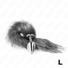 Plug anal Kink talla L con cola plateada, de frente con la cola recogida