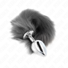 Plug anal Kink talla L con cola plateada y blanca, de frente con cola gris oscuro