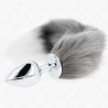 Plug anal Kink talla L con cola plateada y blanca, tumbado de lado