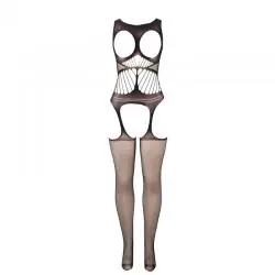 Subblime - 951900 bodystocking crotchless de rejilla con copa y hombros abiertos negro talla única