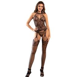 Subblime - 952136 bodystocking crotchless de rejilla con detalles florales y cuello halter negro talla única - 3