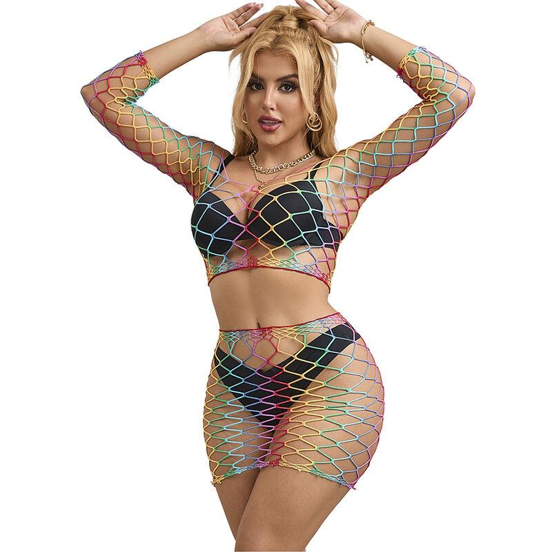 Subblime - 952440 bodystocking de rejilla 2 piezas manga larga arcoiris talla única Subblime - 952440 bodystocking de rejilla 2 piezas manga larga arcoiris talla única