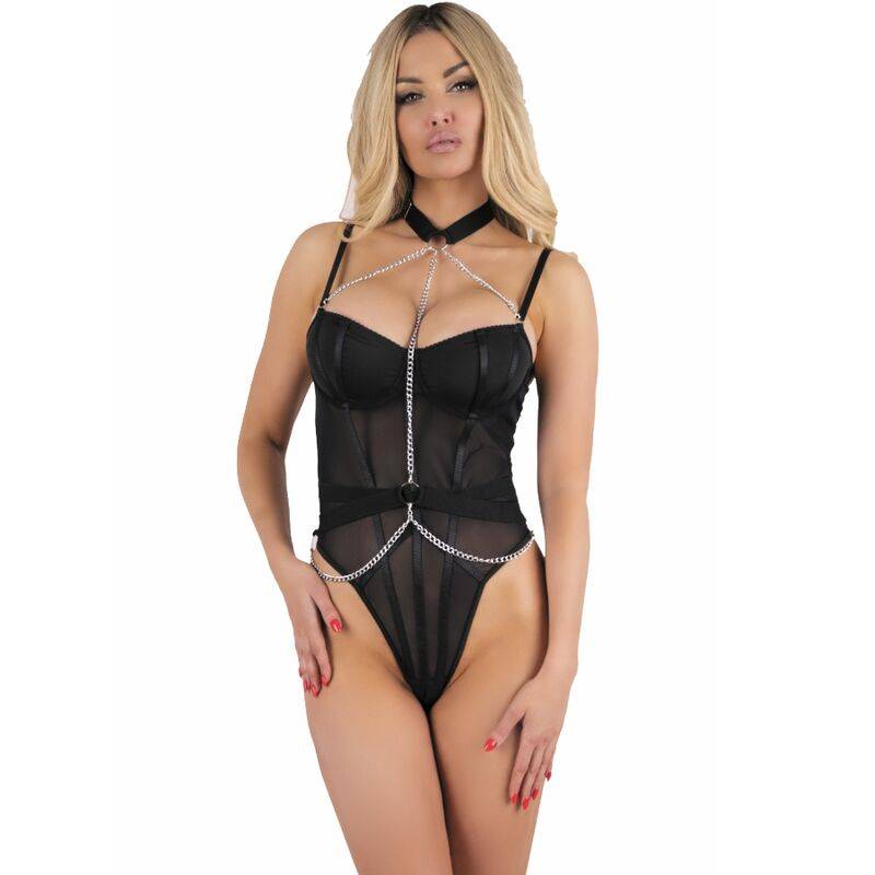 Body con gargantilla Livco Corsetti Rubika en negro, plano medio de frente