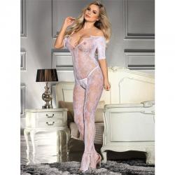 Subblime - 951818 bodystocking crotchless de rejilla con patrón de rosas blanca talla única