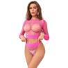 Conjunto Rosa de Rejilla Manga Larga Subblime, en rosa, de frente tocando el top
