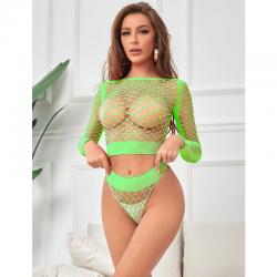 Subblime - 952211 bodystocking de rejilla 2 piezas de manga larga verde talla única