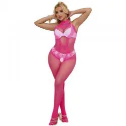 Subblime - 952389 bodystocking crotchless de rejilla y encaje con cuello alto rosa talla única