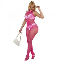 Subblime - 952389 bodystocking crotchless de rejilla y encaje con cuello alto rosa talla única