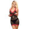 Minivestido Halter Negro con Encaje Rojo Subblime, de frente con los accesorios rojos en las manos