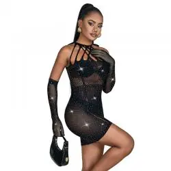 Subblime - 952235 bodystocking de rejilla con brillantes y guantes negro talla única Subblime - 952235 bodystocking de rejilla con brillantes y guantes negro talla única