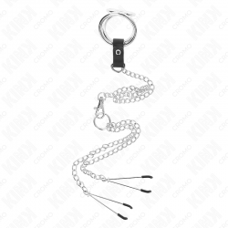 Kink - anillo pene triple metal cromado 3 cm a 4.5 cm con cadena metal 26 cm y pinzas para pezones