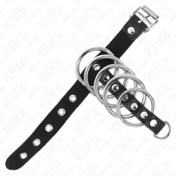Kink - anillo pene cuero correa con cerradura 21 x 2 cm y 5 anillos metal de 3 cm a 4 cm