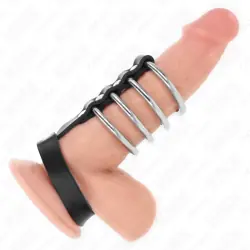 Kink - 4 anillos pene metal 3.8 cm conectados con correa de cuero 22 x 1.5 cm y cierre a presión