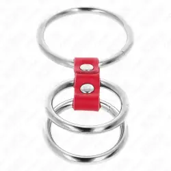 Kink - anillo pene triple metal 3.7 cm a 5 cm conectados con cuero rojo