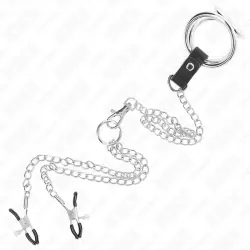 Kink - anillo pene triple metal cromado 3.8 cm a 5 cm con cadena metal 26 cm y pinzas para pezones modelo 1