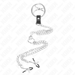 Kink - anillo pene triple metal cromado 3 cm a 4.5 cm con cadena metal 26 cm y pinzas para pezones