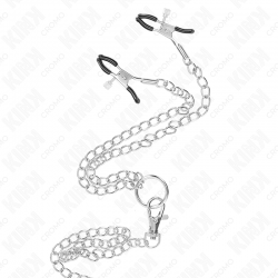 Kink - anillo pene triple metal cromado 3 cm a 4.5 cm con cadena metal 26 cm y pinzas para pezones