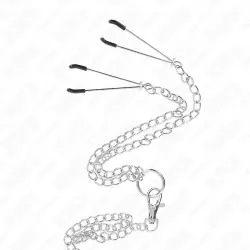 Kink - anillo pene triple metal cromado 3.8 cm a 5 cm con cadena metal 26 cm y pinzas para pezones modelo 2
