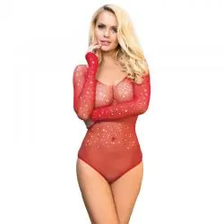 Subblime - 952303 bodystocking de rejilla brillante con hombros descubiertos manga larga rojo talla única