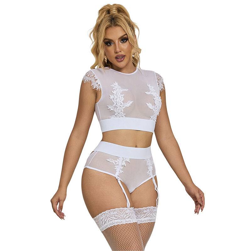 Conjunto Blanco con Liguero Subblime S/M, de frente con medias y liguero