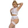 Conjunto Blanco Bordado con Ligueros Subblime L/XL, de lado con la mano en el pelo