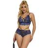 Conjunto de Encaje Azul con Tiras Subblime S/M, de frente con un látigo negro
