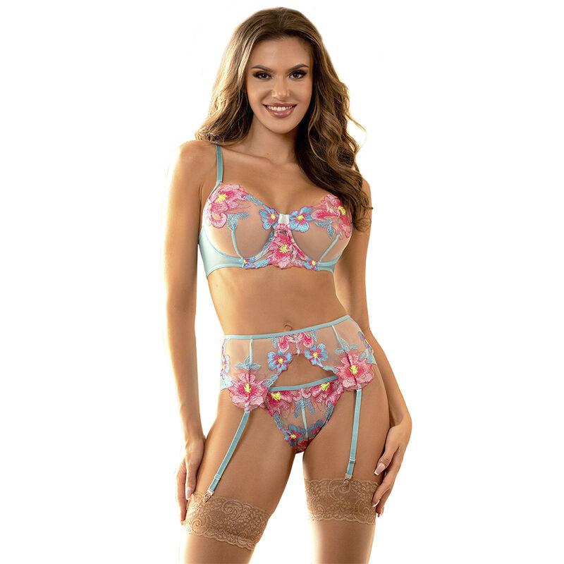 Subblime - 954109 sujetador + panties con liguero diseño floral azul s/m Subblime - 954109 sujetador + panties con liguero diseño floral azul s/m
