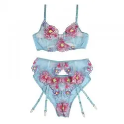 Subblime - 954109 sujetador + panties con liguero diseño floral azul s/m