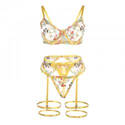 Subblime - 954352 sujetador + tanga + ligueros diseño floral amarillo l/xl