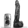 Dildo realista All Black de 20 cm junto a una lata, para ver su tamaño