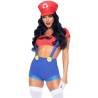 Disfraz Gamer Babe Leg Avenue con top rojo, shorts azules de tirantes y gorro rojo
