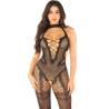 Bodystocking sin entrepierna Leg Avenue negro, detalle del escote con cordones cruzados