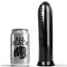 Dildo negro recto All Black de punta redondeada junto a una lata plateada