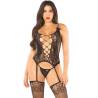 Camisola de rejilla negra con medias Leg Avenue, de frente con el escote de cordones
