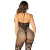 Bodystocking de rejilla negro Leg Avenue Pretty Persuasion, de espaldas con el cuello halter